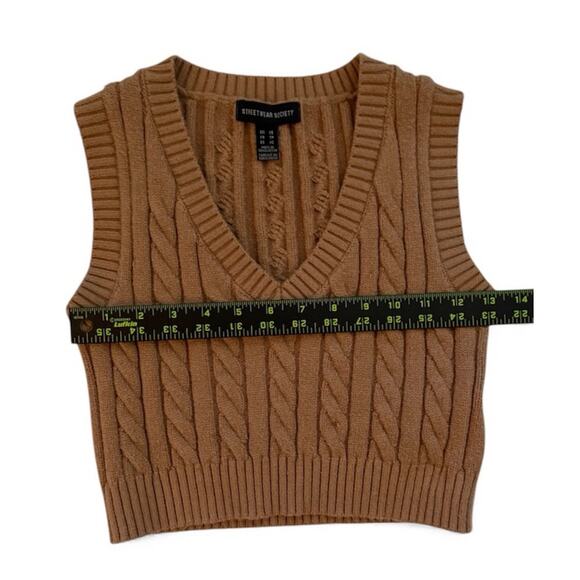 Street Wear Society Cable knit Sweater Vest XS Tan V-Neck Cropped Preppy Core - Picture 3 of 6